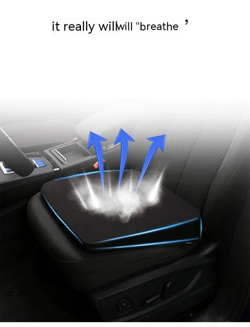 Black rectangular car seat cushion for heightening, approximately 42cm by 39cm by 6cm thick.