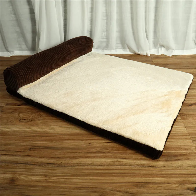 Corduroy bolster dog bed in grey, showing bilateral raised sides and non-slip base.