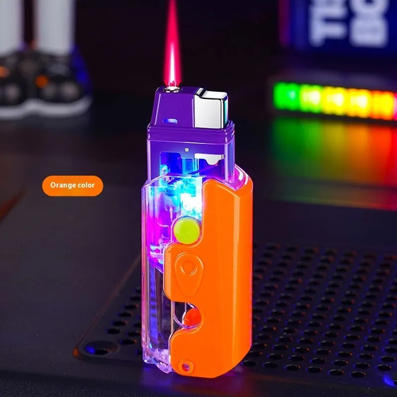 Orange, purple, and green plastic radish-shaped wind-resistant lighters on a white background.
