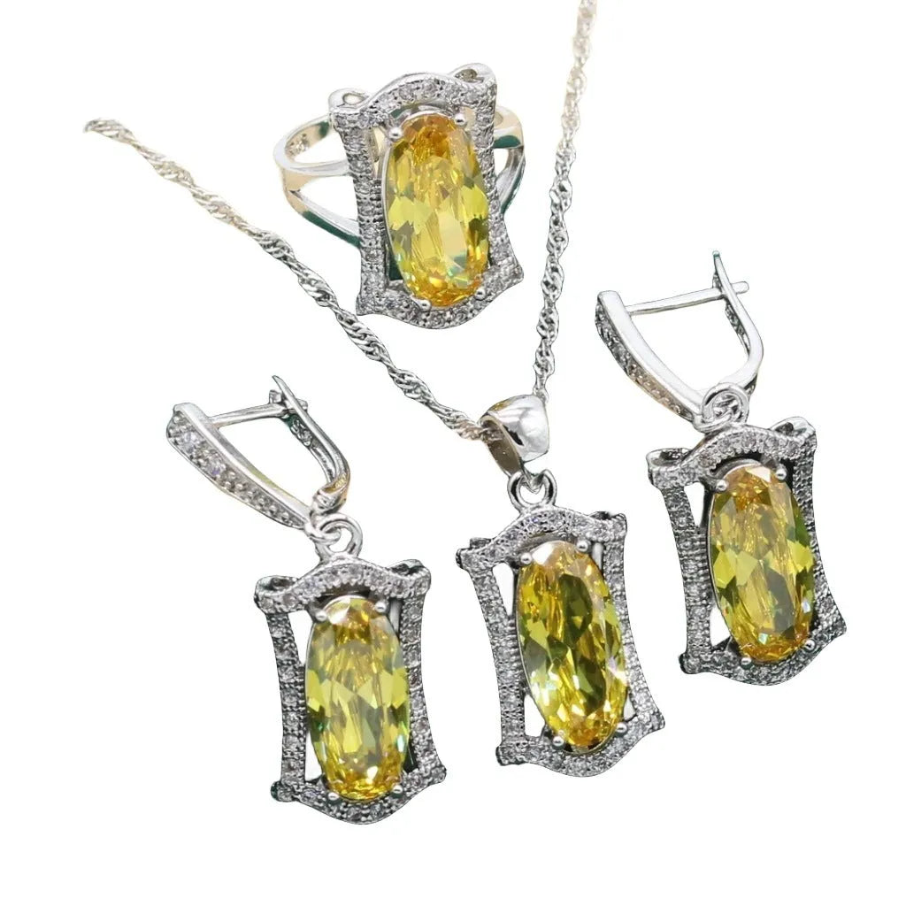 Yellow and olive anti-allergy zircon jewellery set with snake bone chain necklace, earrings, ring, and bracelet