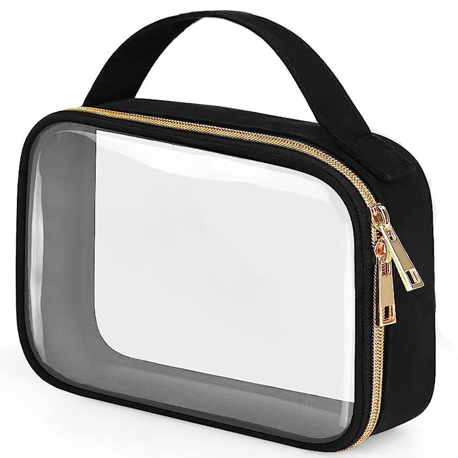 Transparent PVC cosmetics wash bag with chain in multiple colour options on a white background.