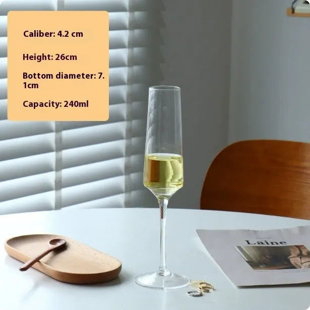 Clear crystal champagne glasses set showing seven different design styles including flute and goblet shapes