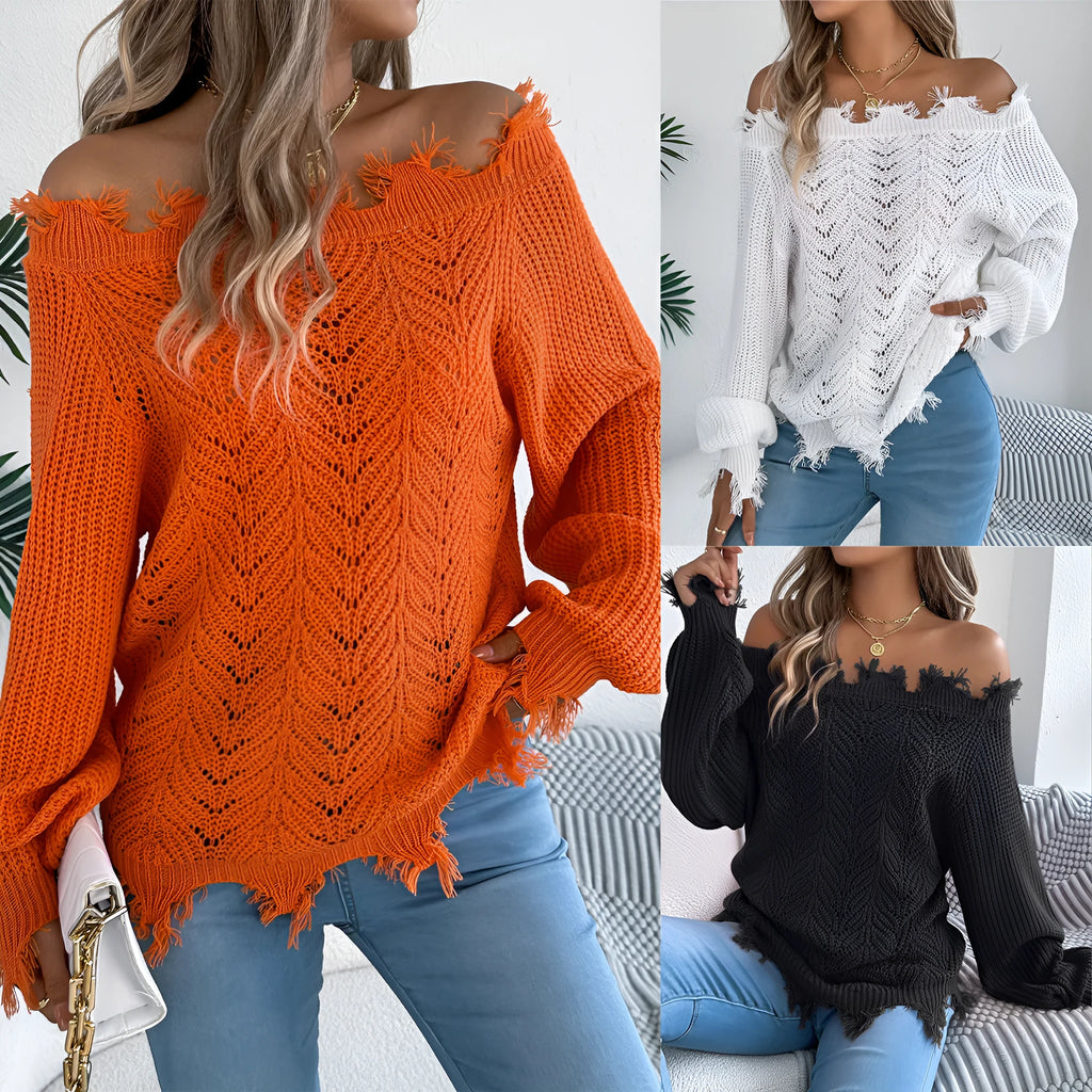 Hollow-out long-sleeved cut off-the-shoulder pullover sweater in artificial wool knit fabric