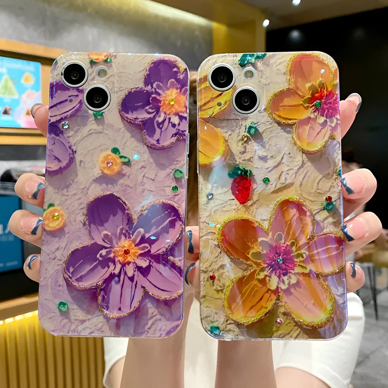 Purple and yellow mobile phone cases with oil painting flower design and diamond drop glue decoration