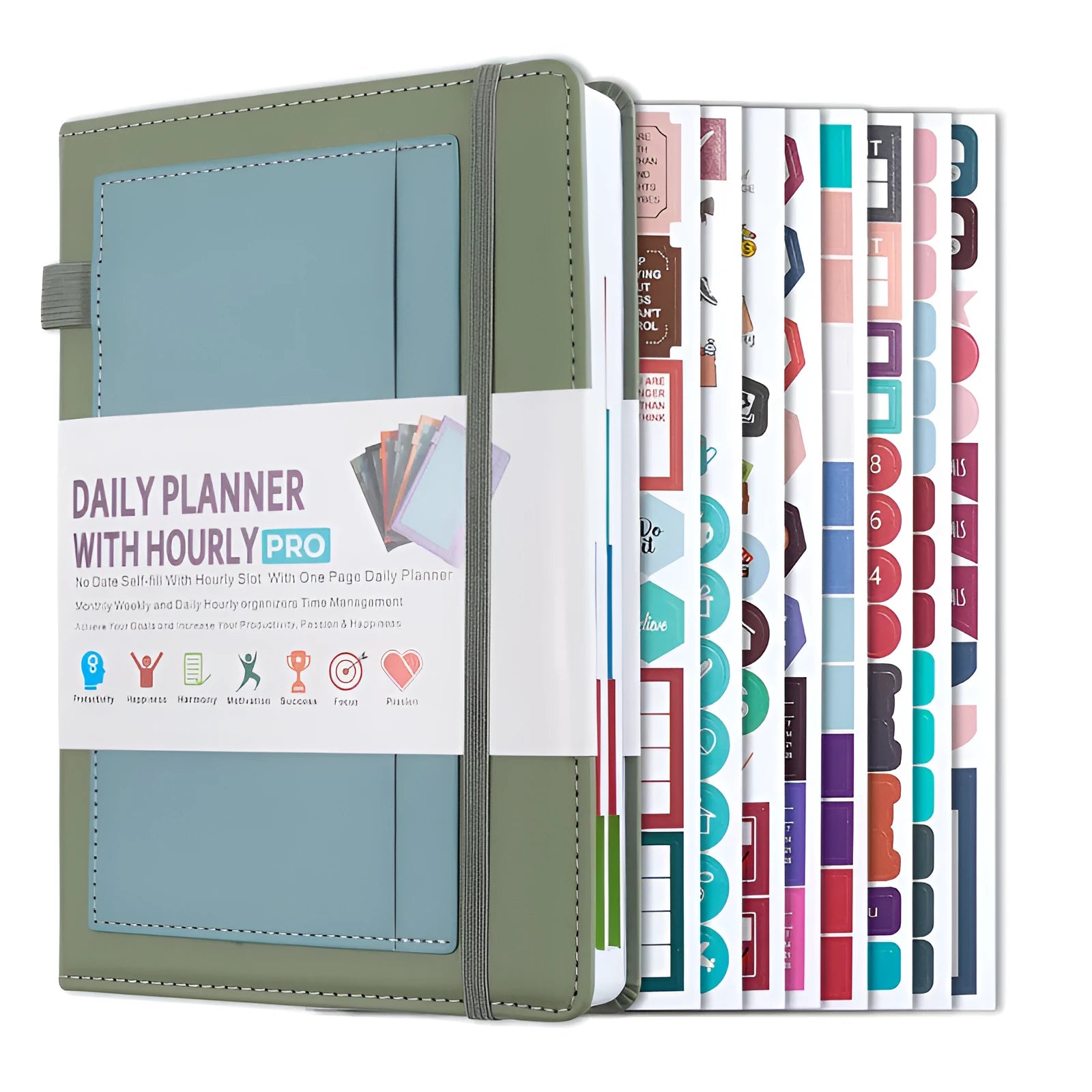 PU leather notebook with strap closure, shown open on 80g wood-free paper, available in purple, green, gray, black, pink, and orange.