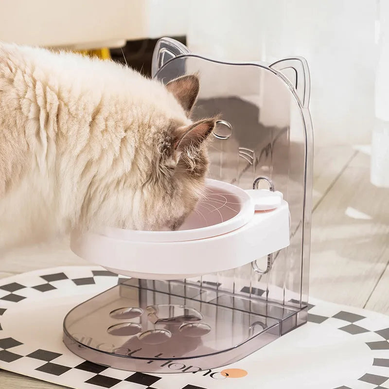 Grey cat feeding bowl with cat ear anti-spill design and removable hanging cage