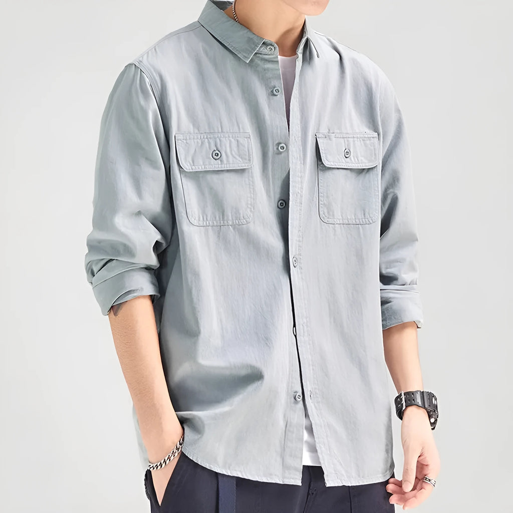 Men's loose fit long sleeve cardigan shirt in light grey, black, khaki or green colours