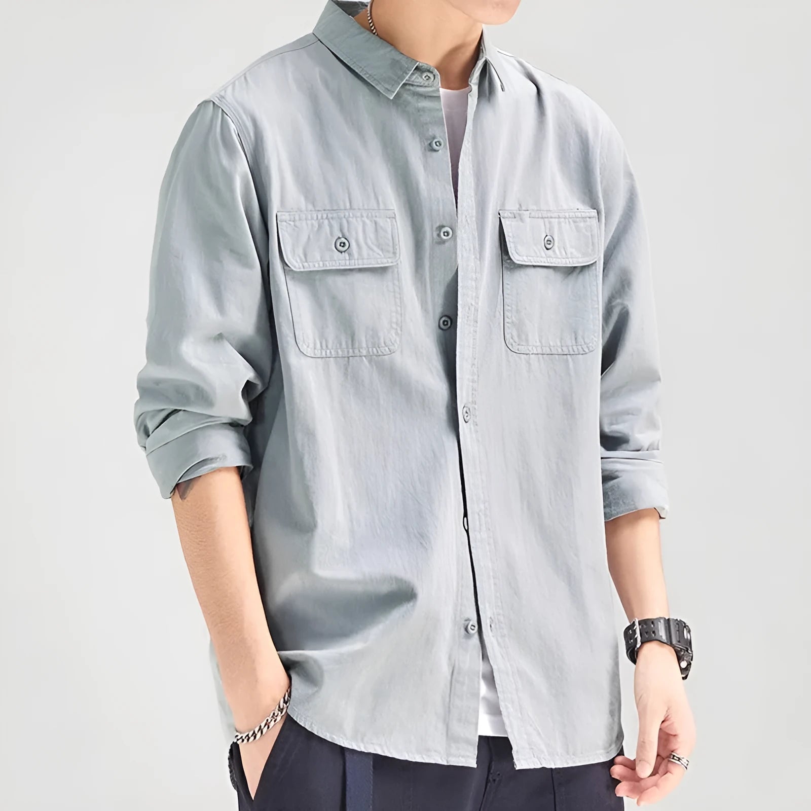 Men's loose fit long sleeve cardigan shirt in light grey, black, khaki or green colours