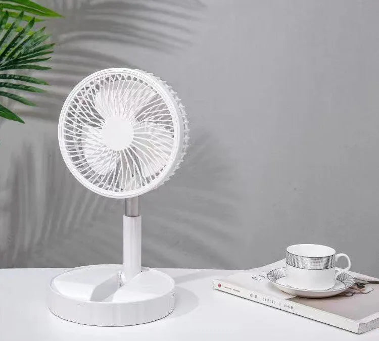 Black portable telescopic folding fan extended to full height with control panel visible