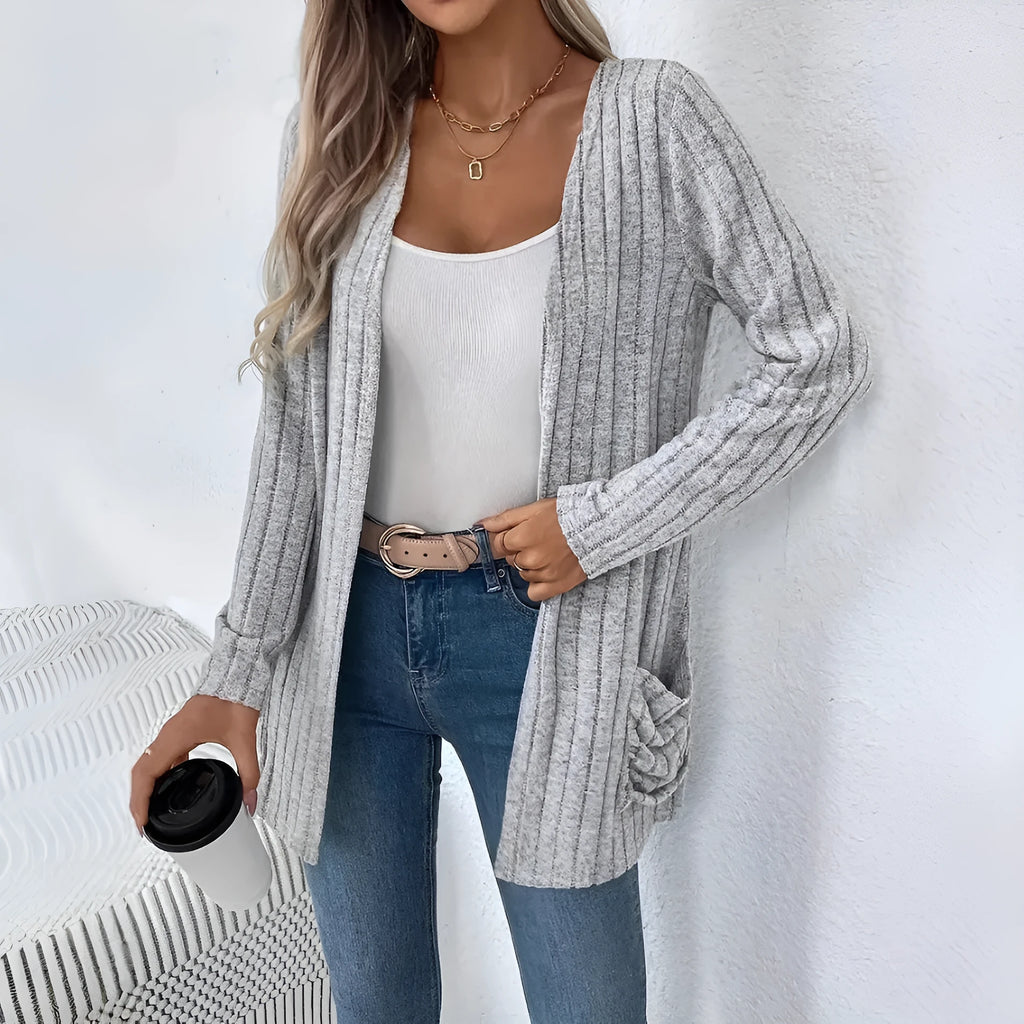 Solid colour long sleeve cardigan with pockets in loose fit design available in black and granny grey