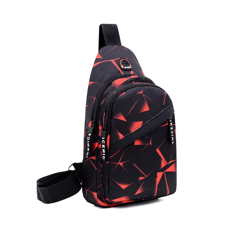 Men's blue Oxford cloth crossbody sling bag with earphone hole design showing zipper opening and letter print detail