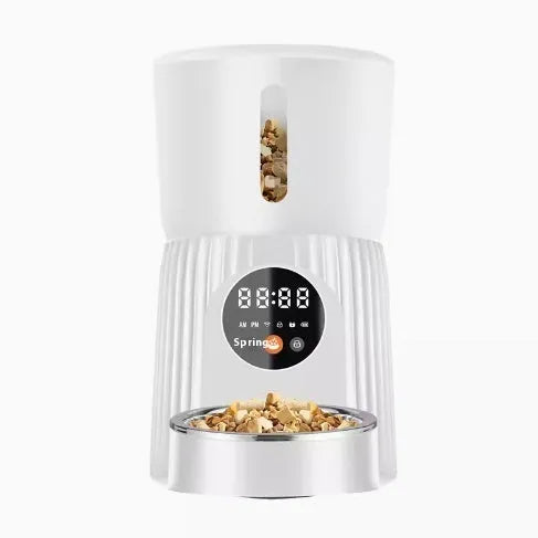 Black and white intelligent pet feeder with automatic timing and quantitative remote feeding via USB power