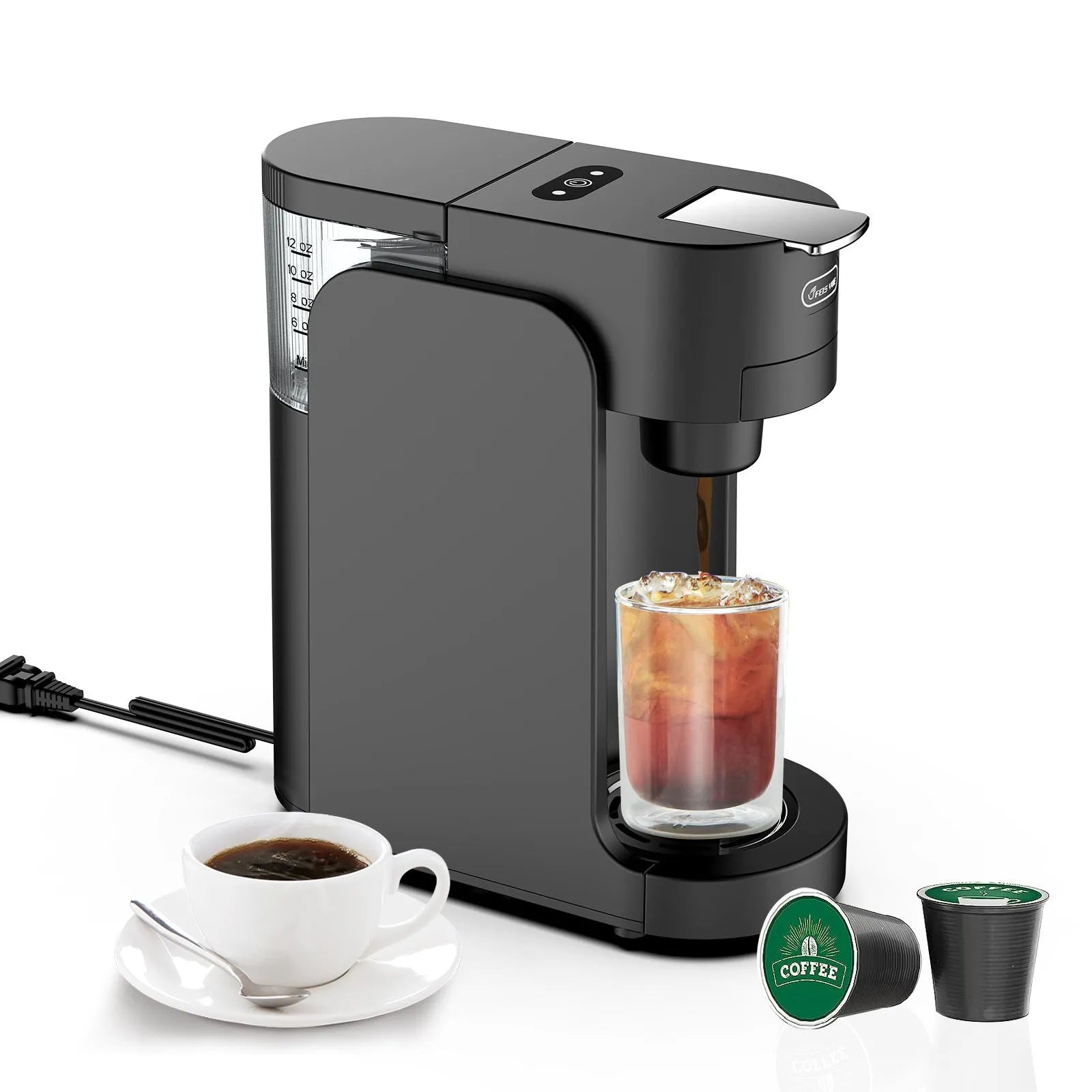 Small black capsule coffee machine with transparent water tank and adjustable stainless steel drip tray