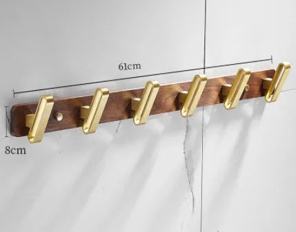 Black walnut style aluminum clothes hooks with brass finish in a row, showing 3, 4, 5, and 6-hook style options.