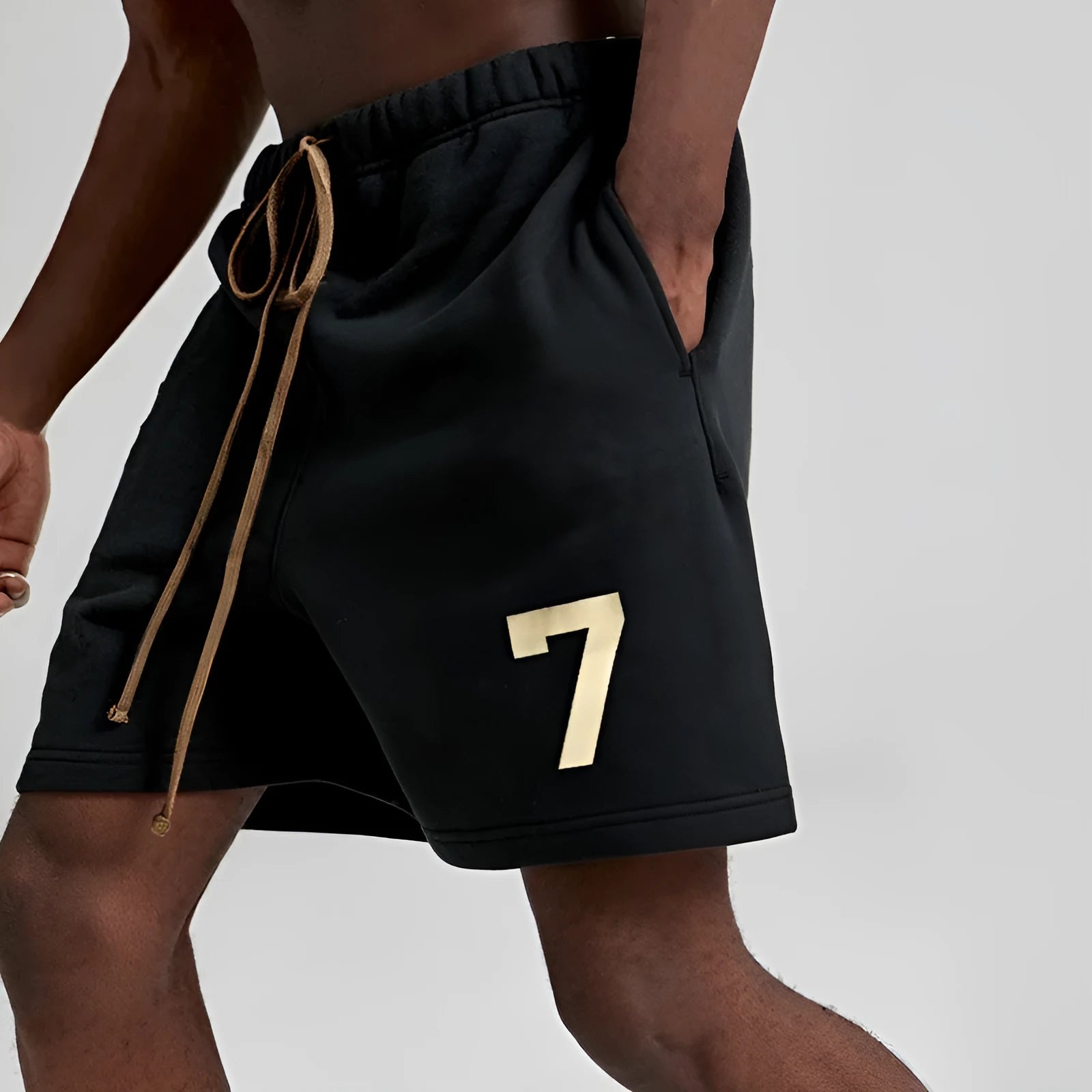 Men's cotton sports gym shorts in beige with drawstring waist and five-point length