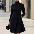 Women's long sleeve bohemian dress with stand collar and side zipper in black