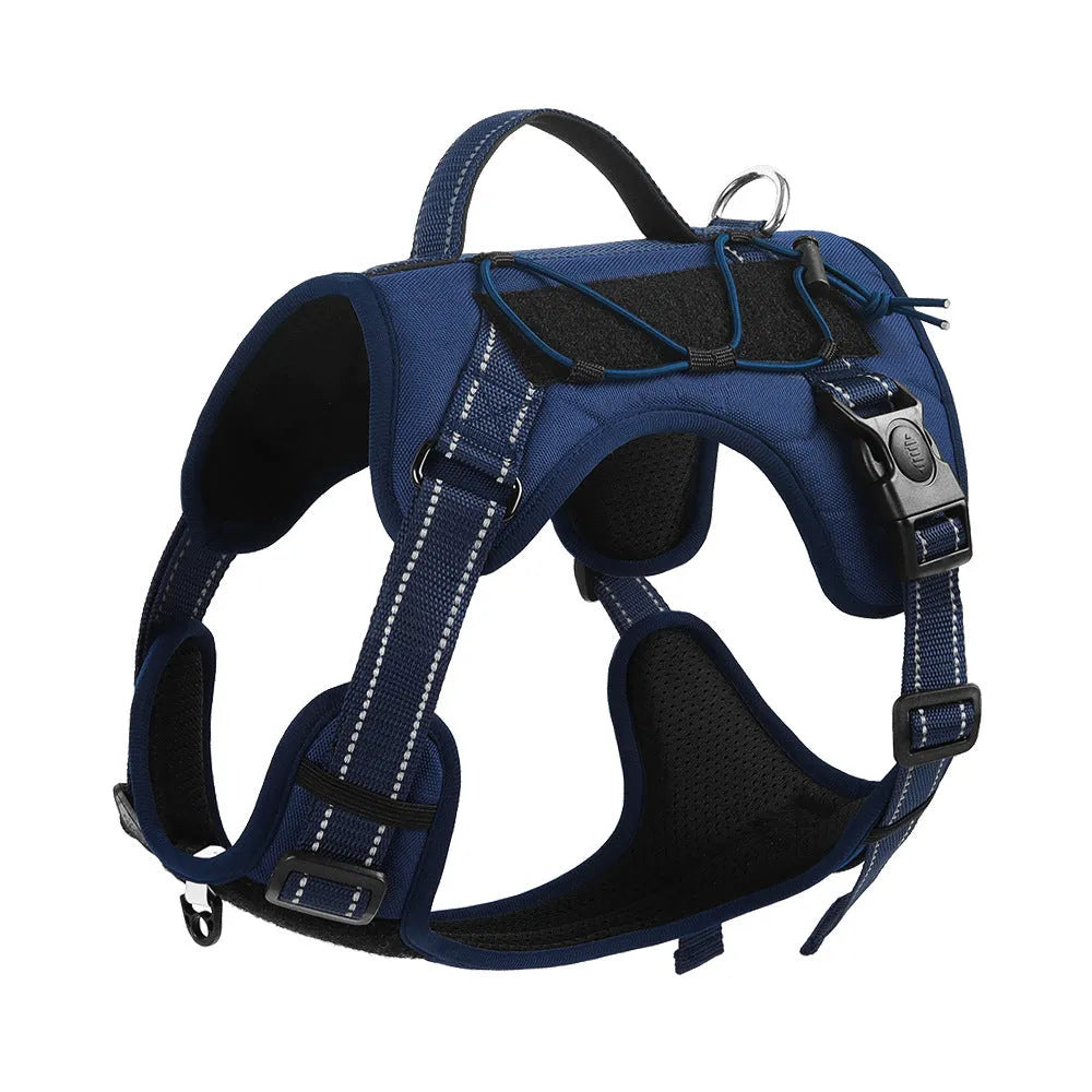 Reflective explosion-proof dog harness with attached hand-holding rope in orange colour, showing adjustable straps and safety features