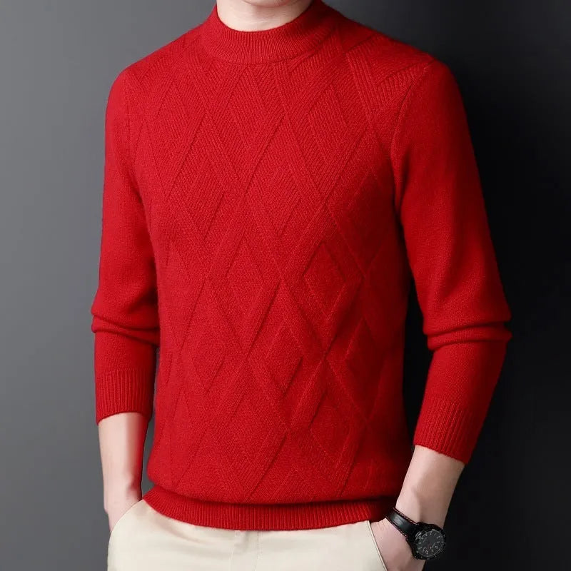 Men's winter thermal wool diamond jacquard pullover sweater shown in light camel colour