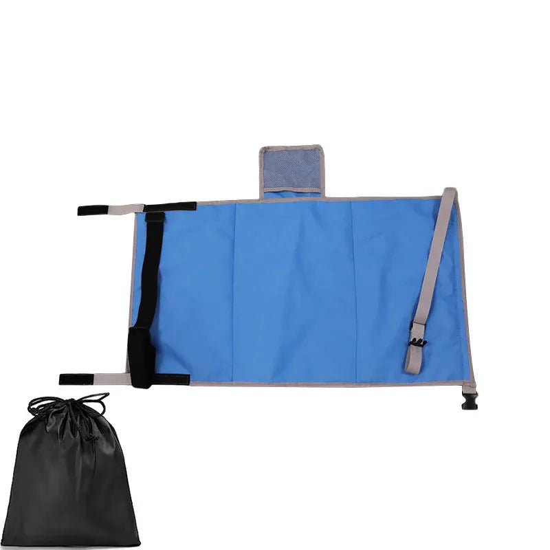 Portable blue nylon aircraft seat extender for children with drawstring storage pocket attached