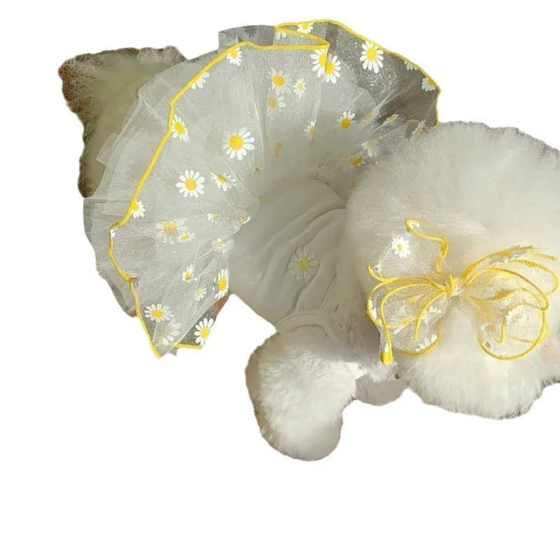 Yellow daisy pattern polyester dog summer clothing outfit shown on dog model