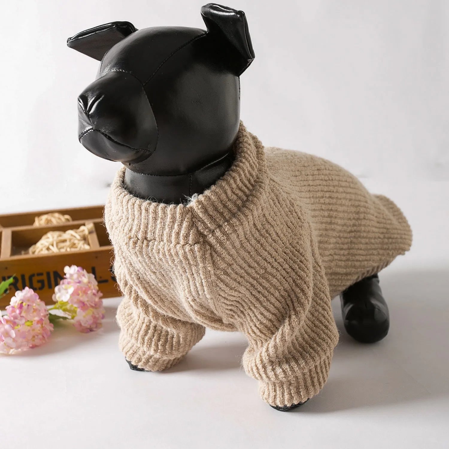 Brown casual cloth sweater for a small dog on a mannequin, showing size range XS to XL.