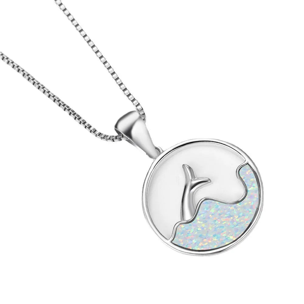Electroplated copper fishtail necklace with round opal elements in platinum blue finish