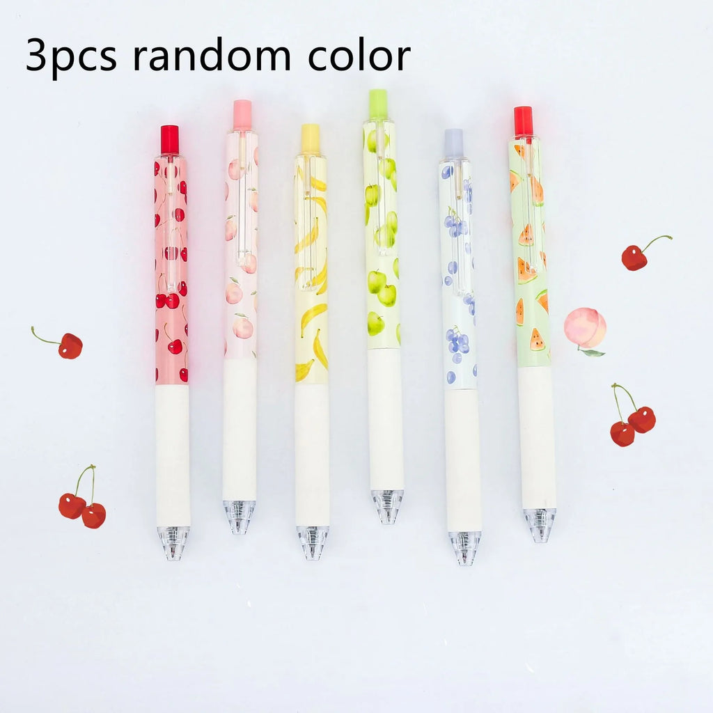 Three scented fruit-designed press-action pens with 0.5mm quick-drying black refills