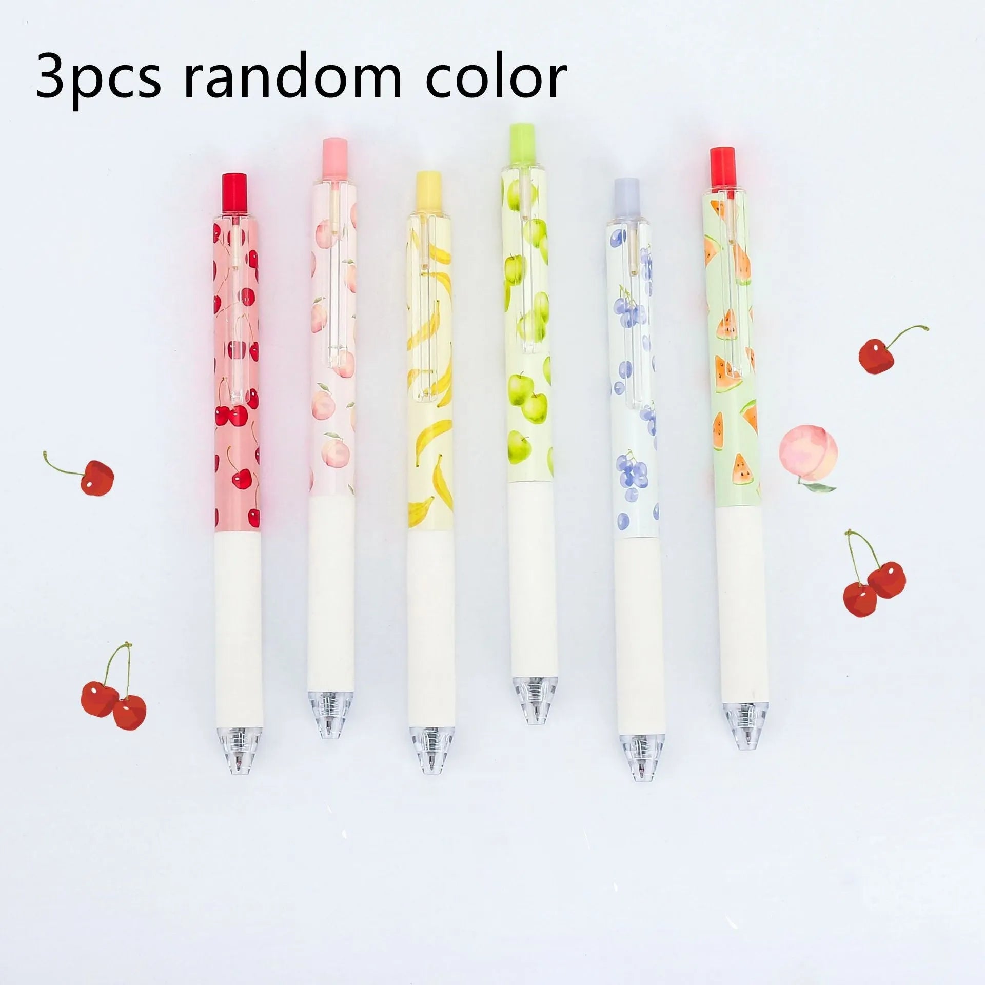 Three scented fruit-designed press-action pens with 0.5mm quick-drying black refills