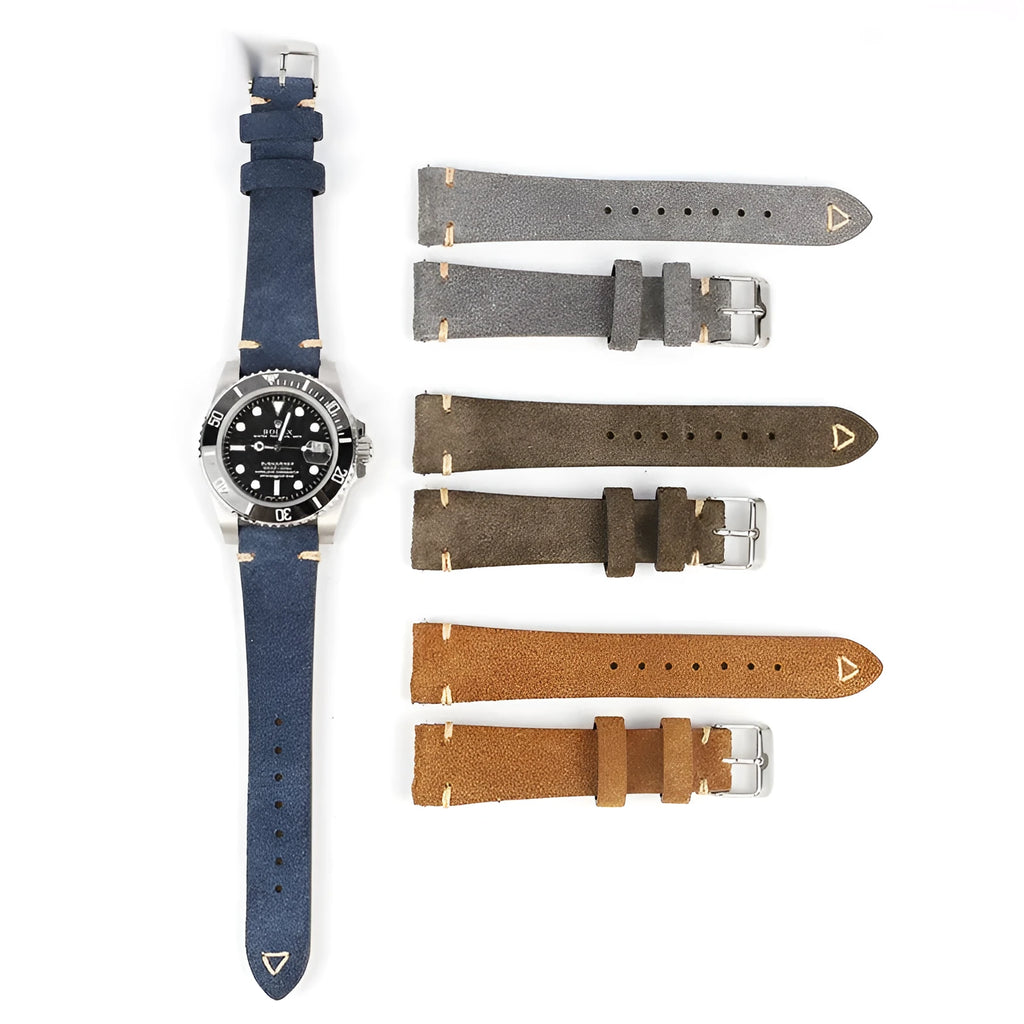Genuine suede leather watch strap in ethnic style, showing colour options for 20mm and 22mm sizes.
