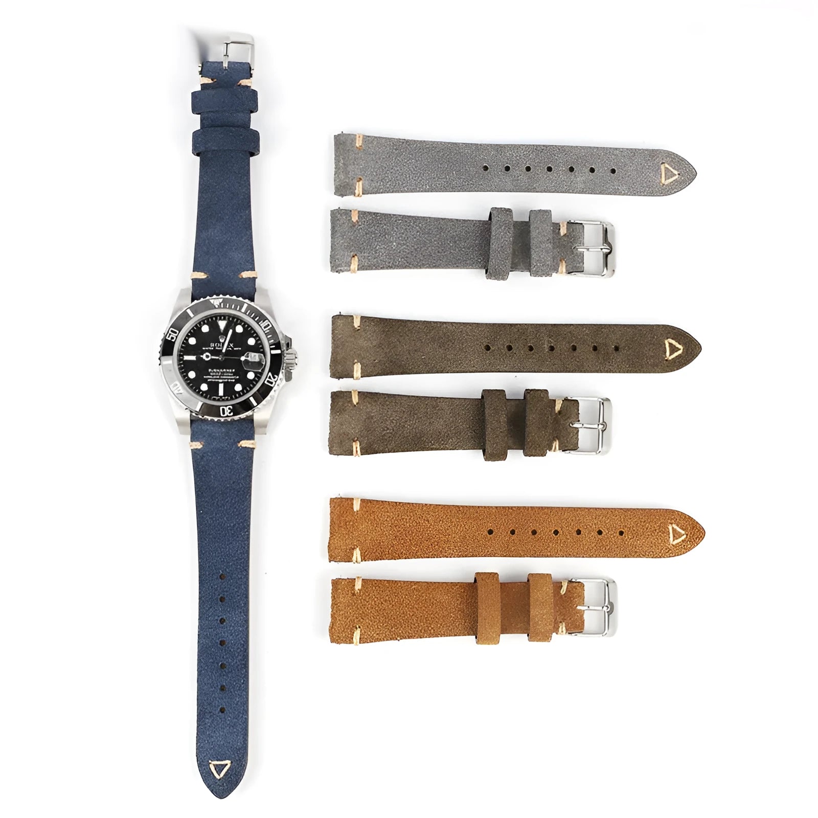 Genuine suede leather watch strap in ethnic style, showing colour options for 20mm and 22mm sizes.