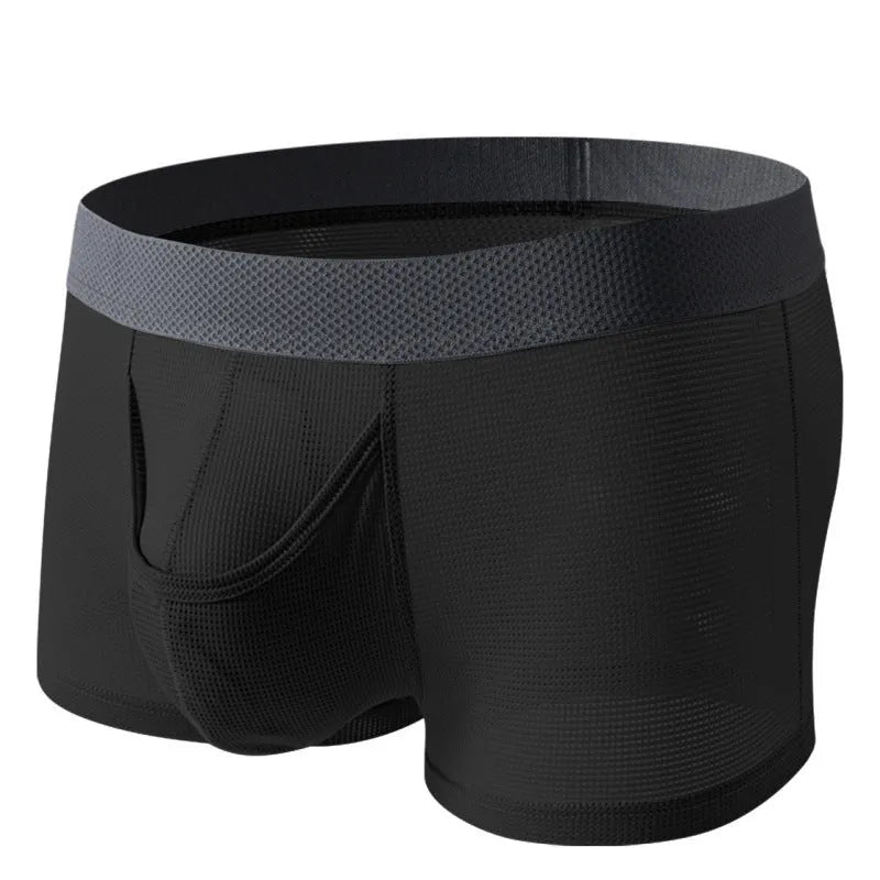 Men's low waist ice silk boxer briefs in black, shown flat.