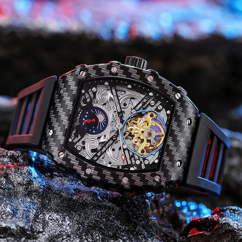 Men's mechanical luminous waterproof watch with black dial and rubber strap