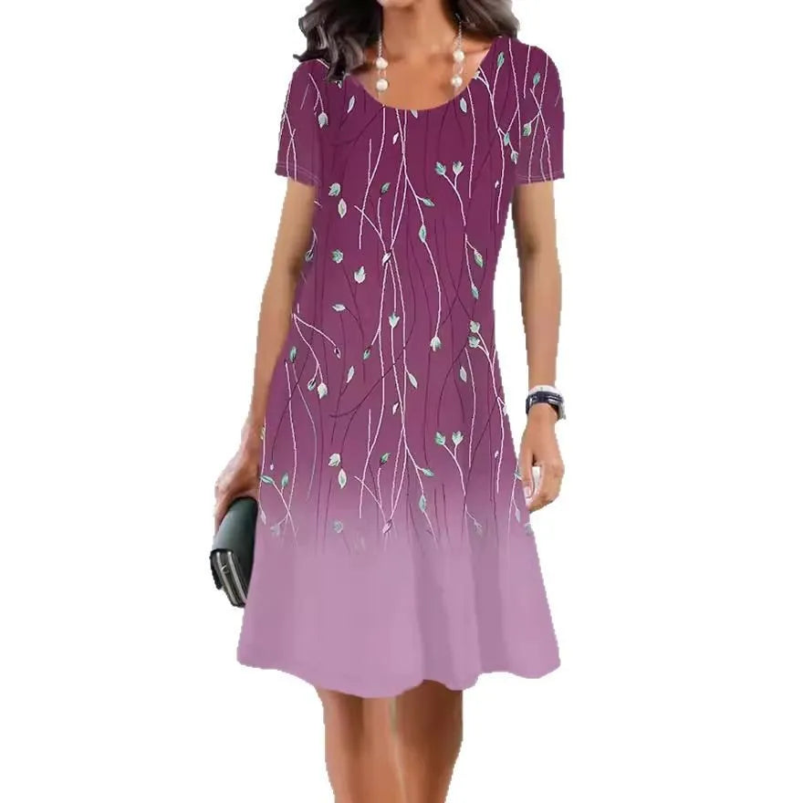 Fresh sweet style A-line mid-length dress with painted plants and flowers pattern on ice silk fabric