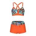 Women's floral print polyester bikini swimsuit set with bra and shorts on a neutral background.