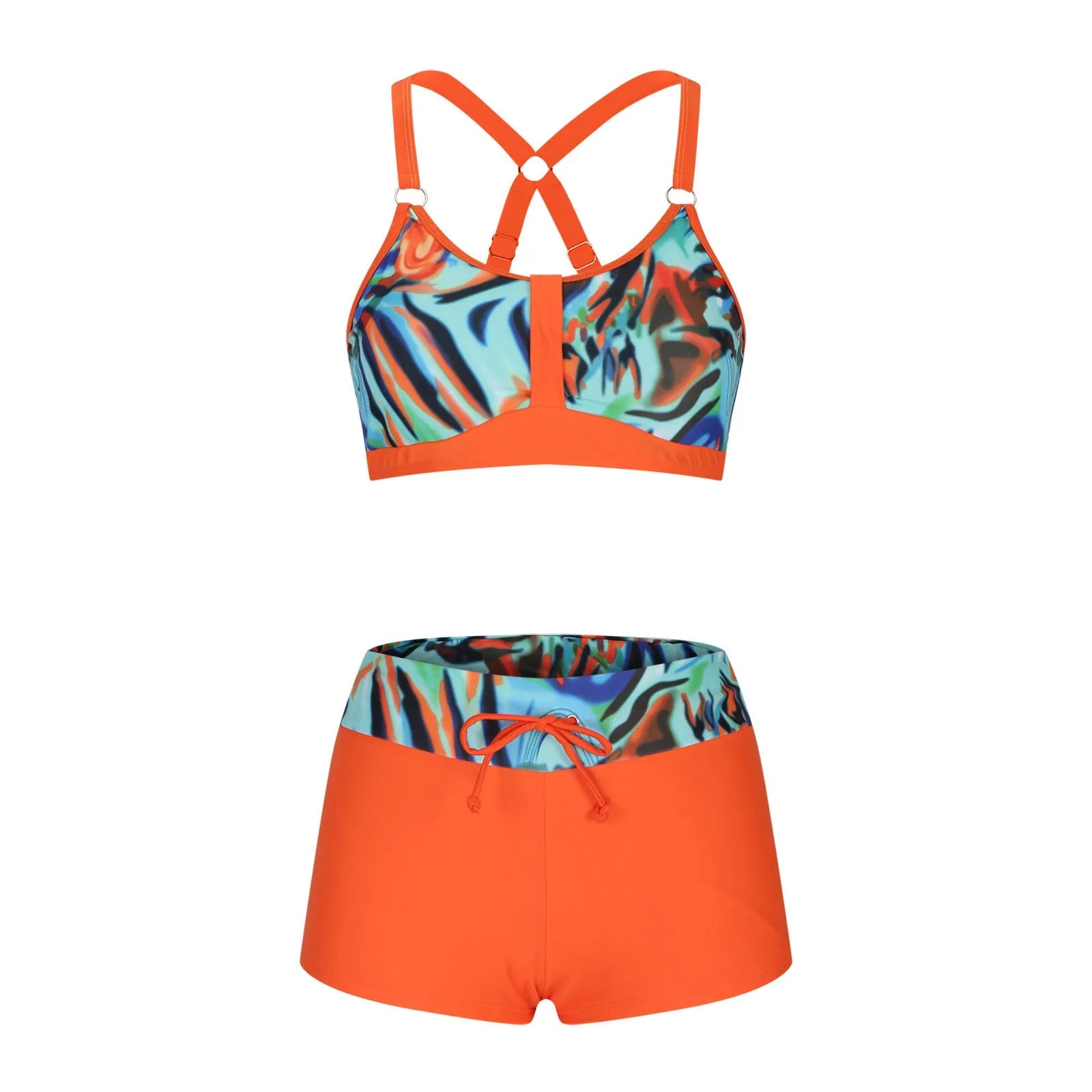 Women's floral print polyester bikini swimsuit set with bra and shorts on a neutral background.