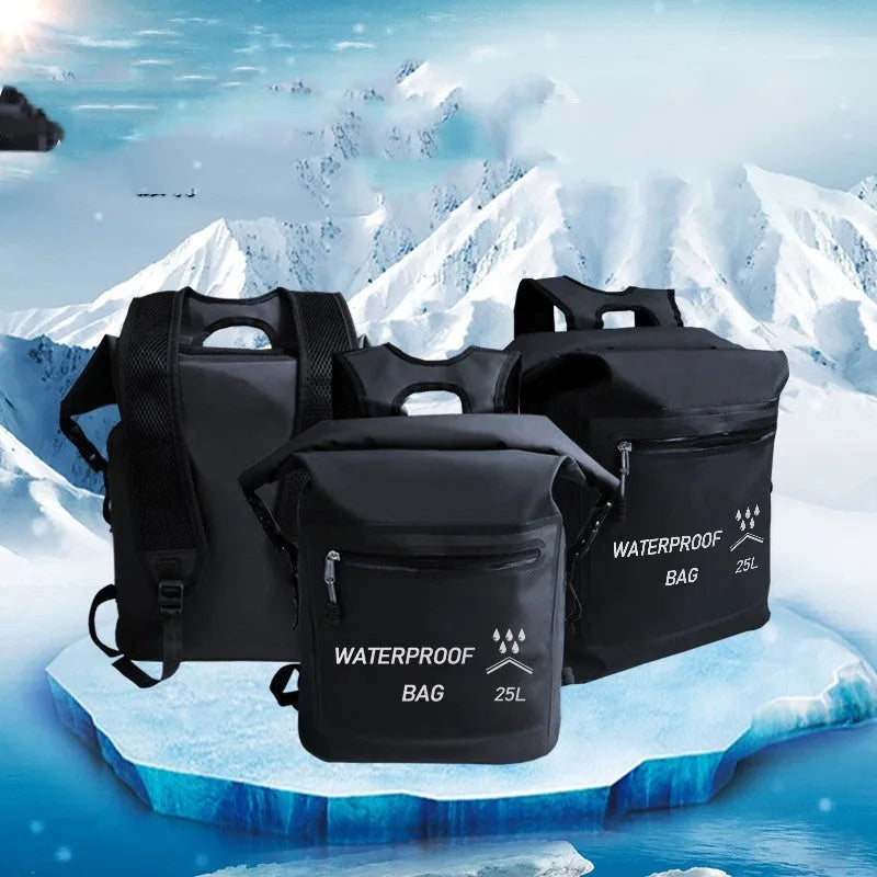 Black 25 litre waterproof backpack with mesh external clips for outdoor water activities