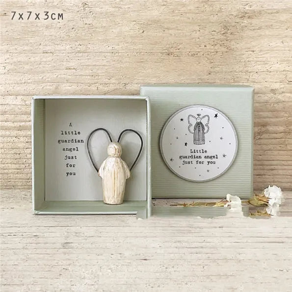 Boxed guardian angel resin figurine ornament in modern cartoon style for gift-giving