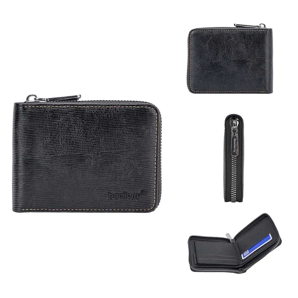 Black embossed leather-look anti-theft wallet with zipper closure and credit card slots