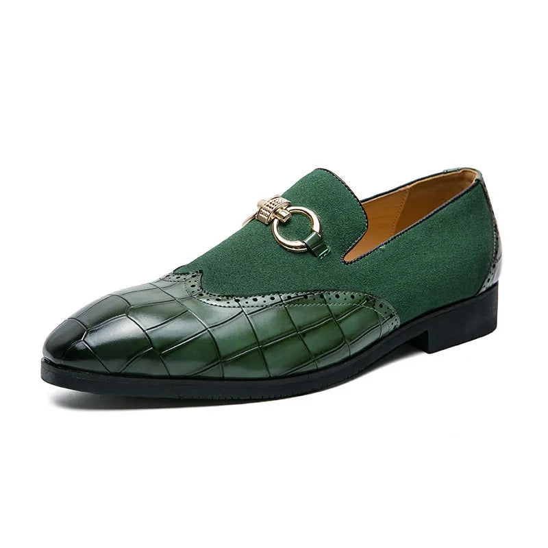 Men's black pointed toe low-top casual shoes with artificial PU leather upper and visible sewing lines.