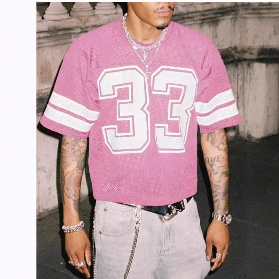 Men's mesh sports jersey in cartoon print with short sleeves and round neck in one of five colour options