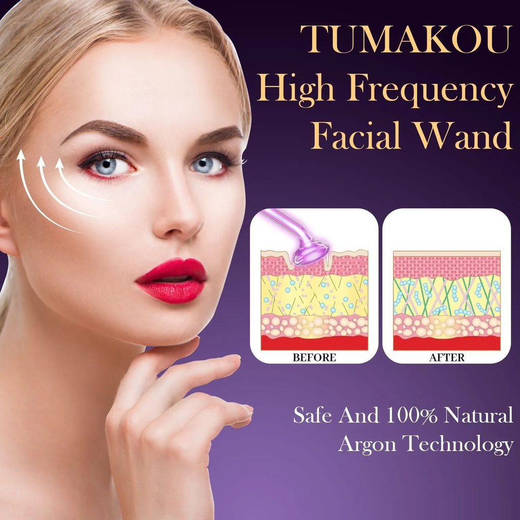 Purple high-frequency electrotherapy rod with six accessory heads for professional skin rejuvenation treatments