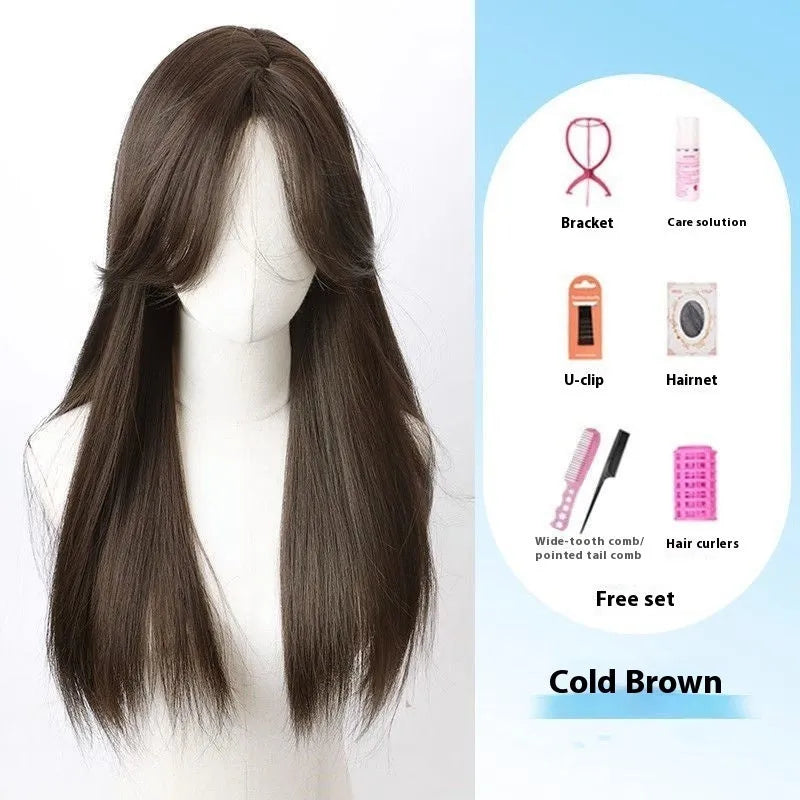 Forehead lace long straight full-head wig in dark brown colour with side bangs styling