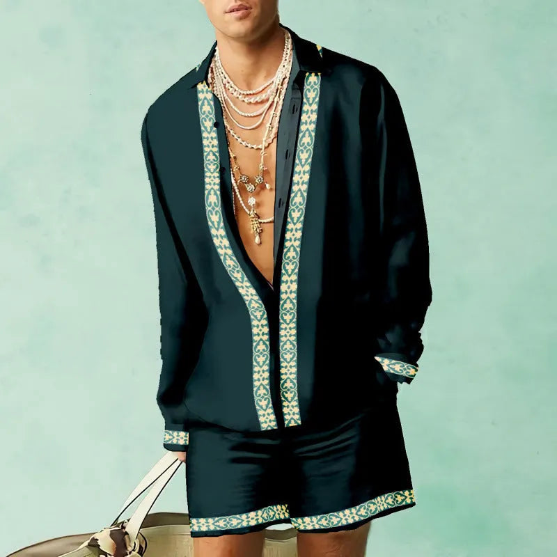Casual summer shirt and shorts set in slim fit design with long sleeves