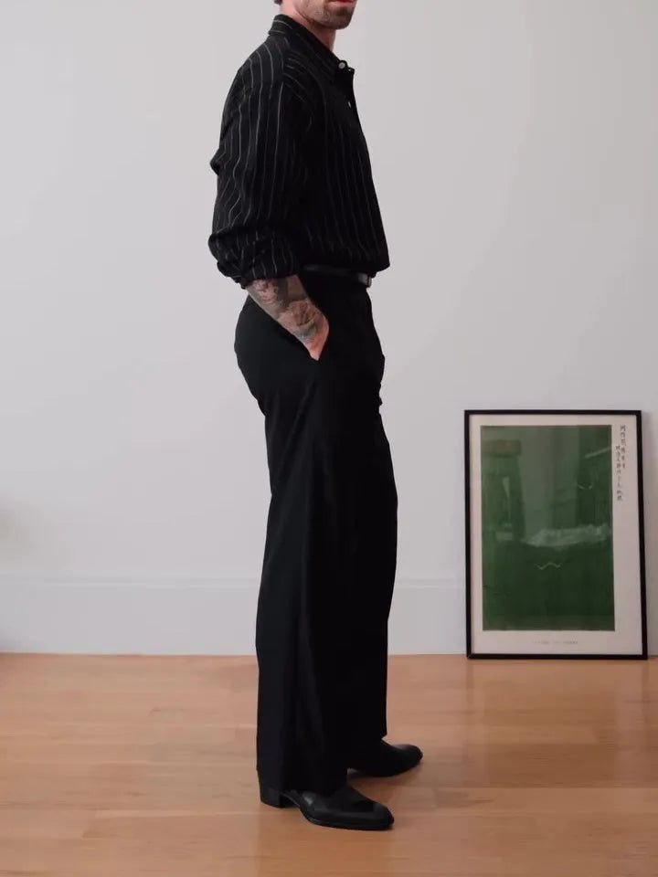 Black pinstriped polyester button-down shirt in regular fit with striped pattern