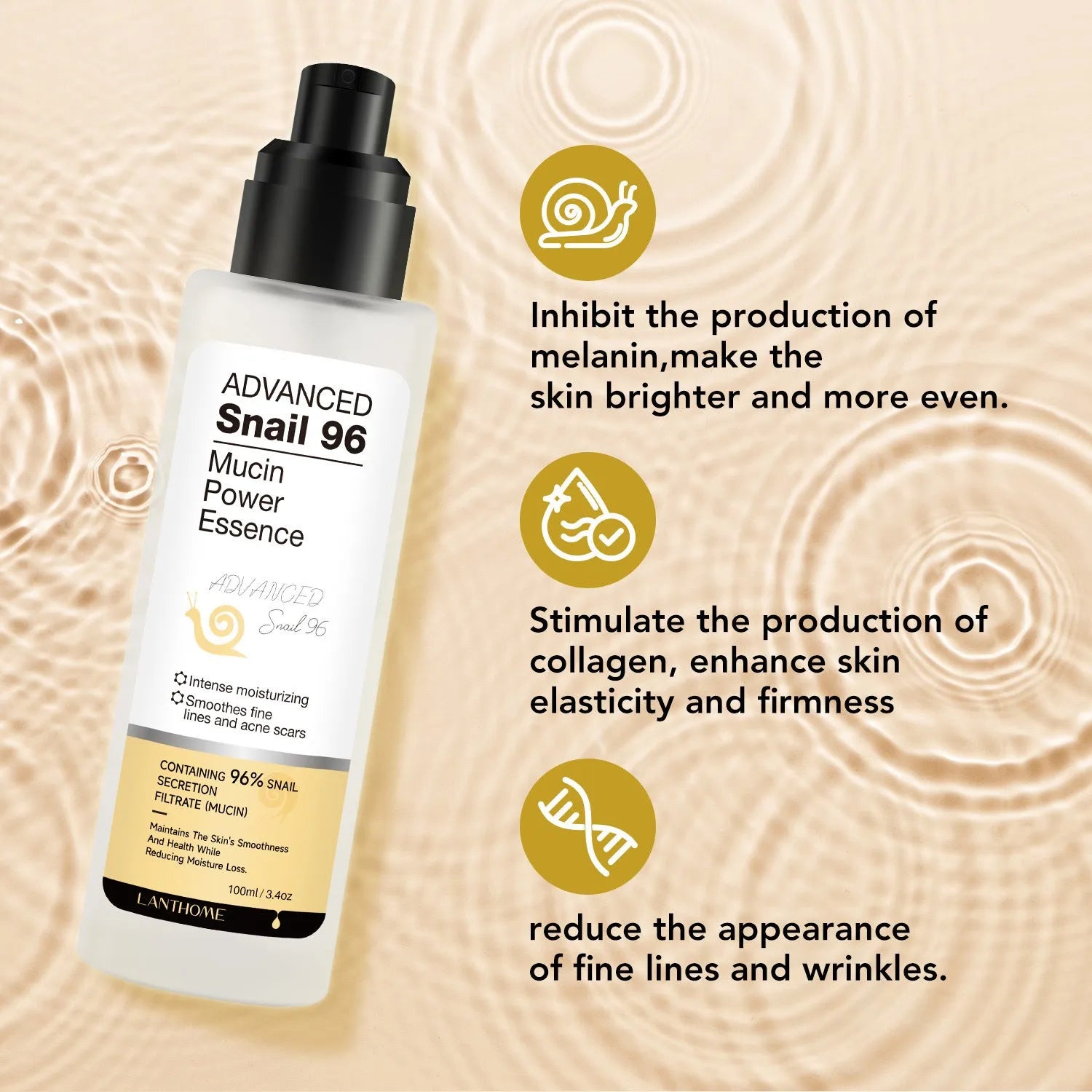 100ml snail secretion filtrate serum bottle with pump dispenser for facial moisturising