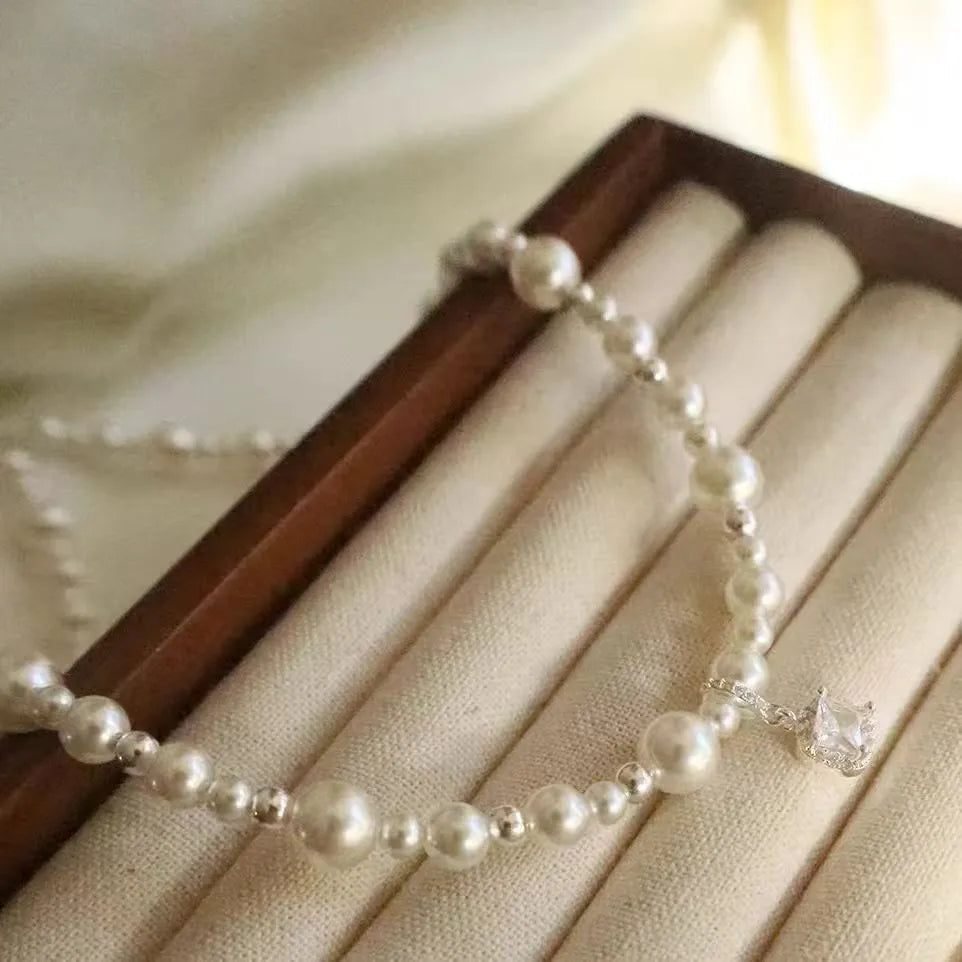 Cube sugar pearl necklace with star copper pendant on pearl chain