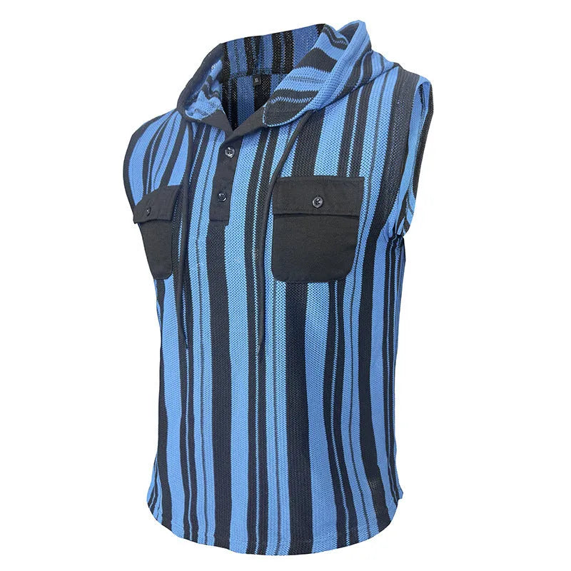 Men’s striped sleeveless hooded vest in black and white stripes, polyester fabric, front pockets