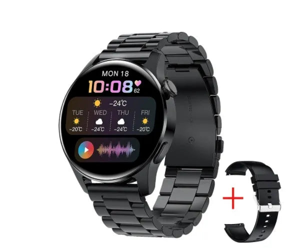 Round screen smartwatch with silicone strap showing heart rate and call functions on display.
