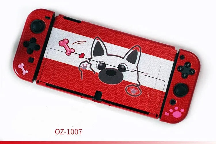Nintendo Switch OLED hard protective case with cartoon pattern design showing front and back views