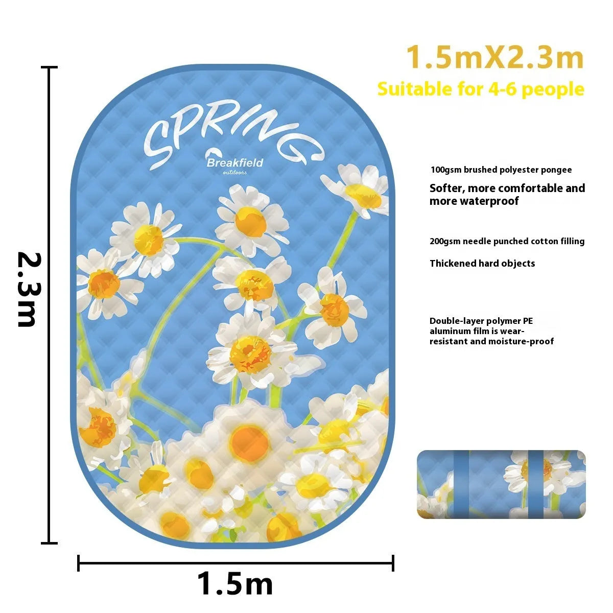Waterproof picnic mat for 4-8 people showing seasonal colour options and moisture-proof backing